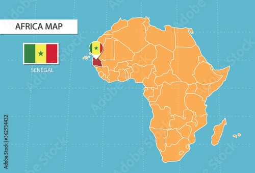 Senegal map in Africa, icons showing Senegal location and flags.	
