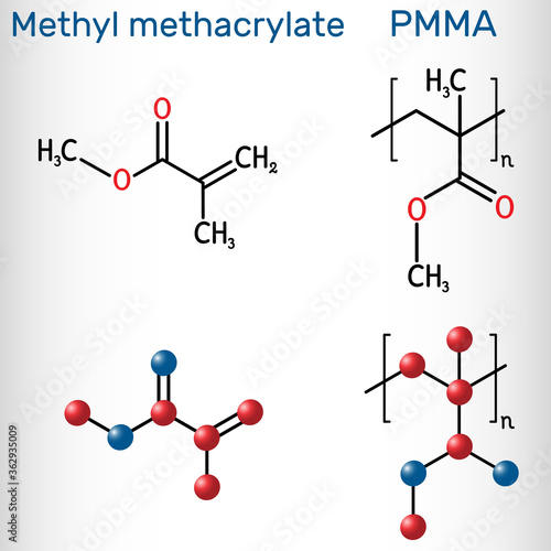 Methyl methacrylate, MMA and poly(methyl methacrylate) , PMMA molecule. Methyl methacrylate is monomer  for the production of PMMA. Structural chemical formula and molecule model