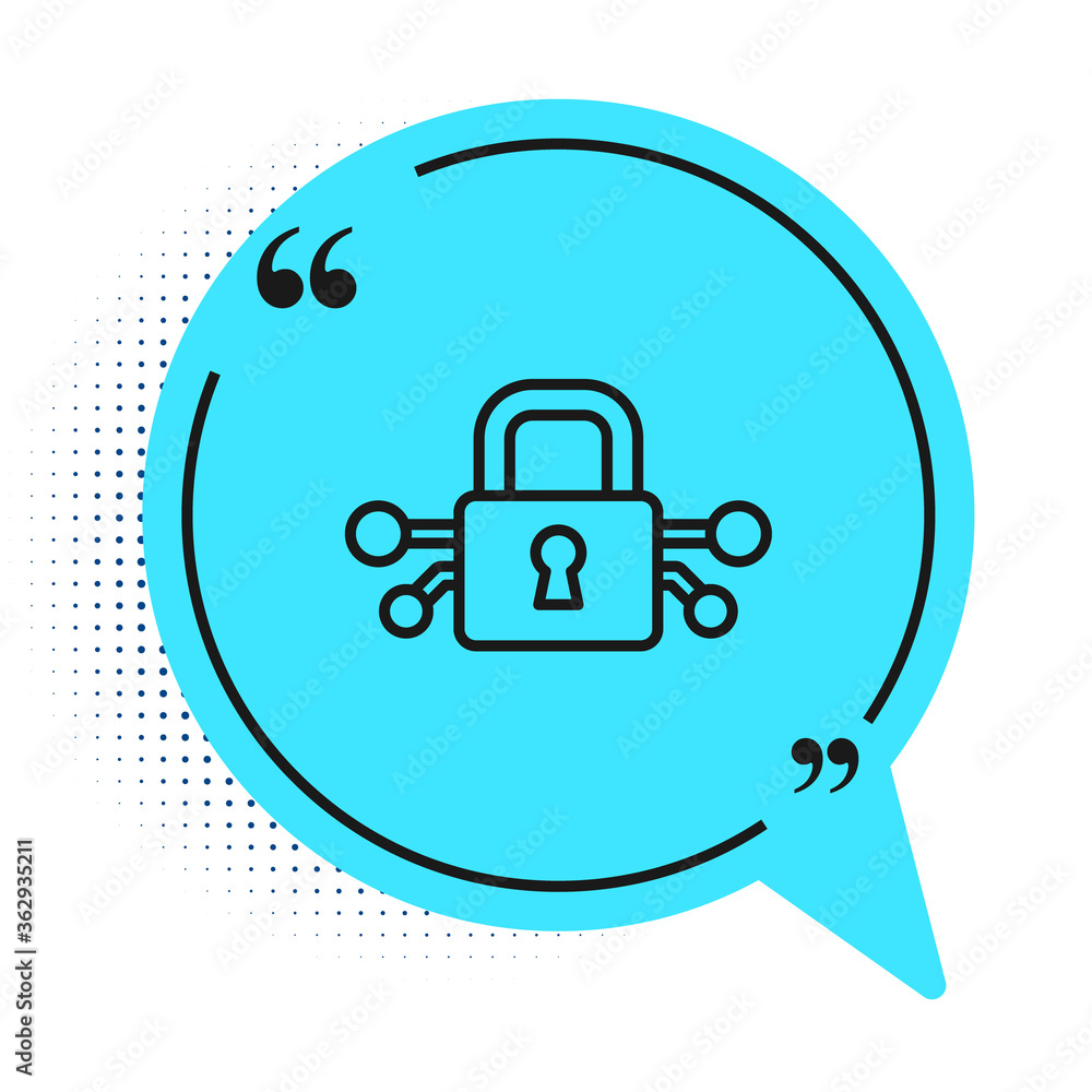 Black line Cyber security icon isolated on white background. Closed padlock on digital circuit board. Safety concept. Digital data protection. Blue speech bubble symbol. Vector. Black line Cyber security icon isolated on white background. Closed padlock on digital circuit board. Safety concept. Digital data protection. Blue speech bubble symbol. Vector.
