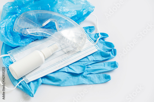 Wallpaper Mural Hat, safety glasses, gloves, mask and sanitizer. Antivirus prevention and protection Torontodigital.ca