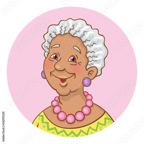 Portrait of a cute afro american elderly woman - avatar icon in the circle. Isolated on white background. In cartoon style. Vector illustration