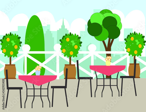 Cafe veranda with tables without visitors, vector graphics