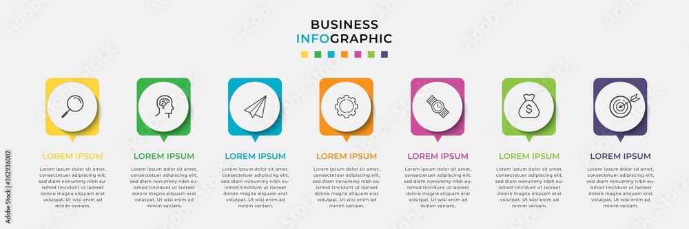Fototapeta premium Business Infographic design template Vector with icons and 7 seven options or steps. Can be used for process diagram, presentations, workflow layout, banner, flow chart, info graph