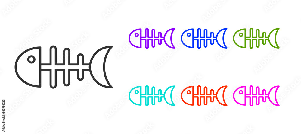 Obraz premium Black line Fish skeleton icon isolated on white background. Fish bone sign. Set icons colorful. Vector.