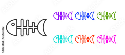 Black line Fish skeleton icon isolated on white background. Fish bone sign. Set icons colorful. Vector.