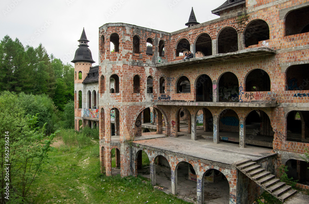 never unfinished modern castle Lapalice in Poland, looks like ruins - Łapalice Stock Photo | Adobe Stock