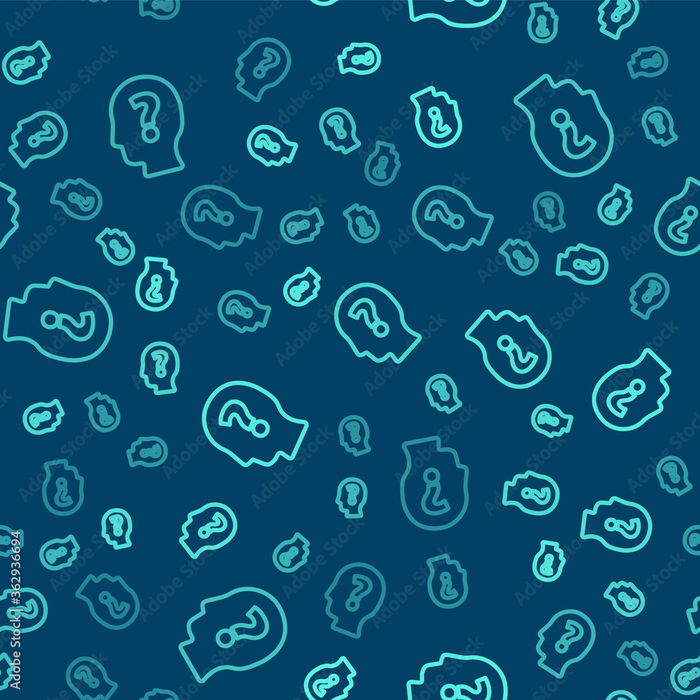 Green line Human head with question mark icon isolated seamless pattern on blue background. Vector. Green line Human head with question mark icon isolated seamless pattern on blue background. Vector.