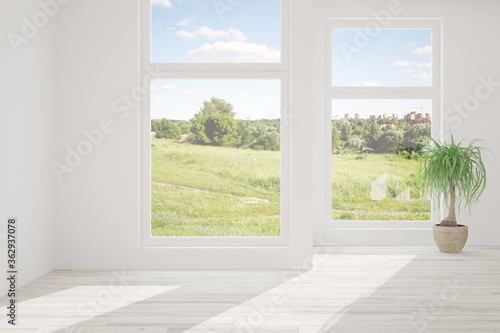 Fototapeta Naklejka Na Ścianę i Meble -  White stylish empty room with summer landscape in window. Scandinavian interior design. 3D illustration