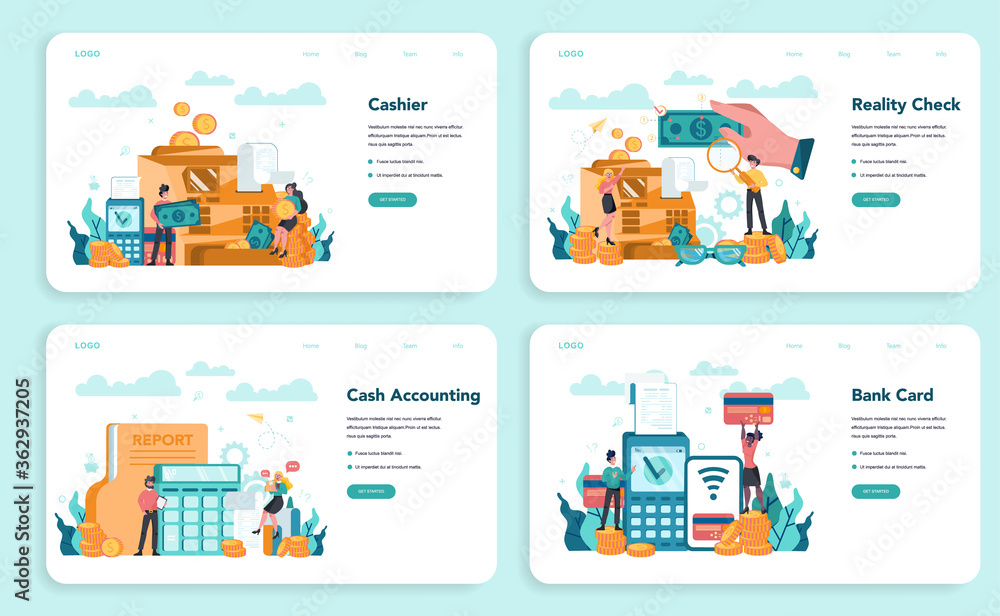 Cashier web banner or landing page set. Worker behind the cashier