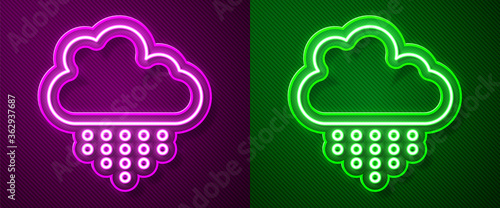 Glowing neon line Cloud with rain icon isolated on purple and green background. Rain cloud precipitation with rain drops. Vector.