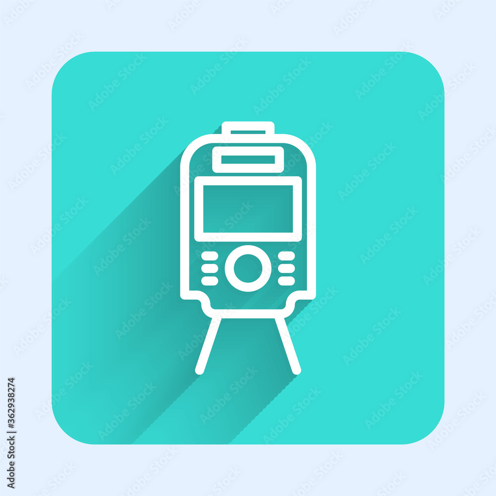 White line Tram and railway icon isolated with long shadow. Public transportation symbol. Green square button. Vector.