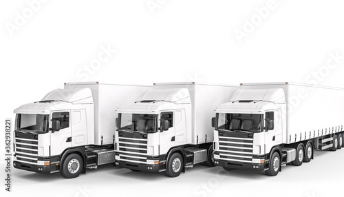 3d render image of 3 white trucks. nobody around.
