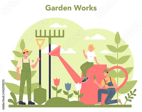Gardening concept. Idea of horticultural designer business. Character