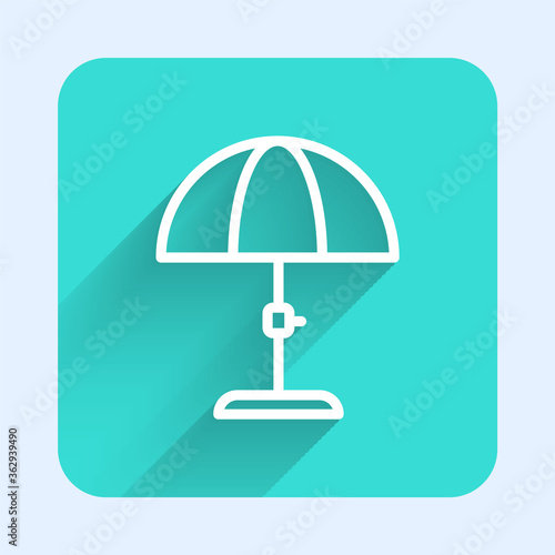 White line Sun protective umbrella for beach icon isolated with long shadow. Large parasol for outdoor space. Beach umbrella. Green square button. Vector.