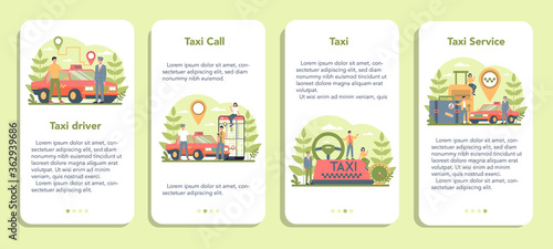 Taxi service mobile application banner set. Yellow taxi car. Automobile