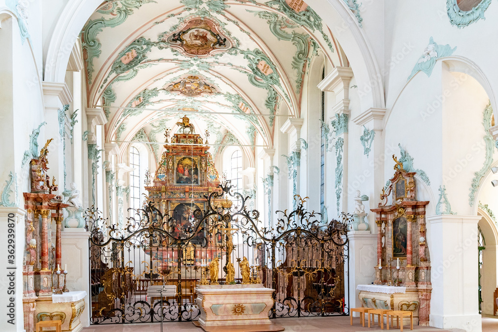 interior view of the historic church of St. Martin in Rheinfelden with a view of the high altar