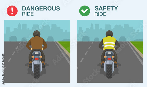 Dangerous and safety motorcycle ride on road. Biker wears safety vest or jacket. Flat vector illustration.