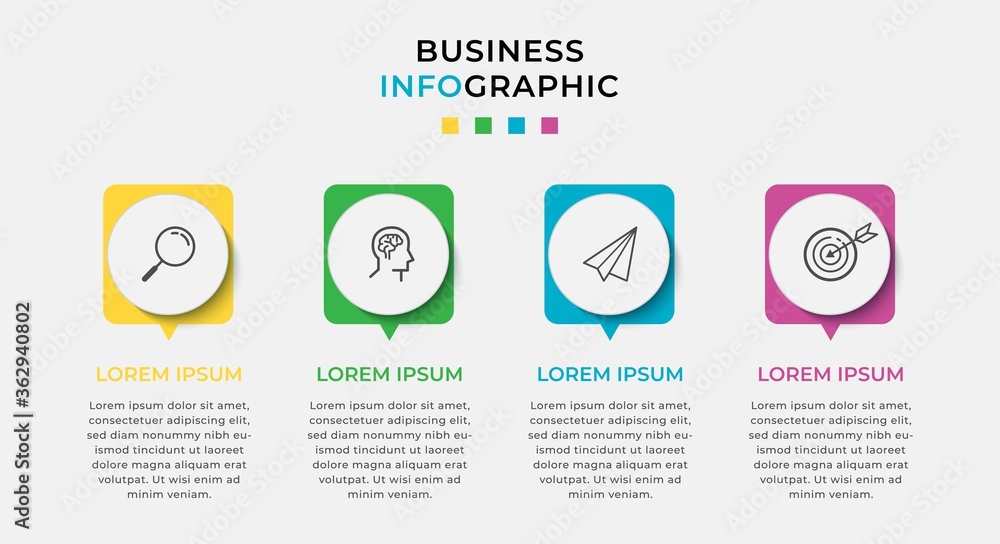 Fototapeta premium Business Infographic design template Vector with icons and 4 four options or steps. Can be used for process diagram, presentations, workflow layout, banner, flow chart, info graph