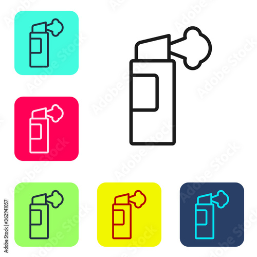 Black line Pepper spray icon isolated on white background. OC gas. Capsicum self defense aerosol. Set icons in color square buttons. Vector.