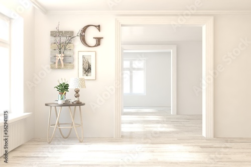 White minimalist empty room. Scandinavian interior design. 3D illustration