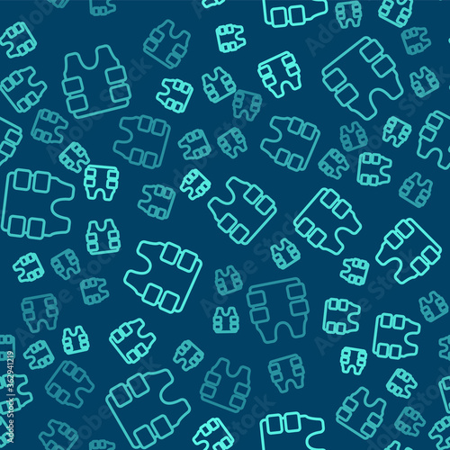 Green line Bulletproof vest for protection from bullets icon isolated seamless pattern on blue background. Body armor sign. Military clothing. Vector.