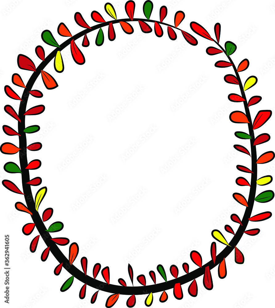 Colorful autumn Latin alphabet. The letter O is drawn by hand with a brush. Black branches and red, green, orange, yellow leaves. Foliage of a Bush. Vector image. Calligraphy and lettering. Eco,nature