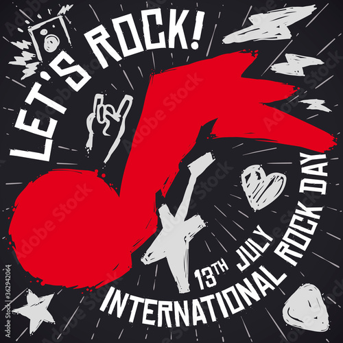 Music Note and Doodles to Commemorate International Rock Day Celebration, Vector Illustration