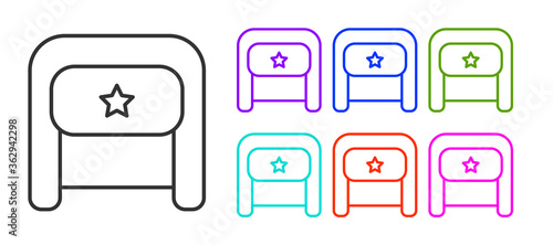 Black line Ushanka icon isolated on white background. Russian fur winter hat ushanka with star. Soviet Union uniform of KGB and NKVD. Set icons colorful. Vector.