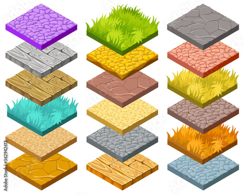 Isolated isometric tiles for computer game. Set 3d vector elements paving.