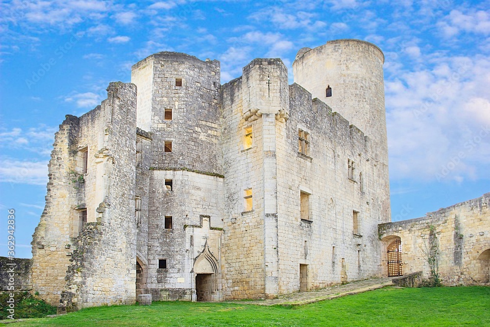Rauzan, France - April 10, 2020 : The medieval feudal castle of Rauzan, Gironde, Aquitaine