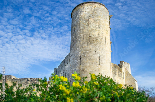 Rauzan, France - April 10, 2020 : The medieval feudal castle of Rauzan, Gironde, Aquitaine