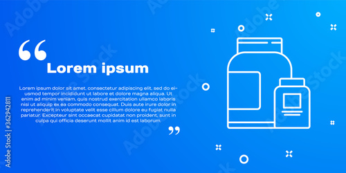 White line Sports nutrition bodybuilding proteine power drink and food icon isolated on blue background. Vector.