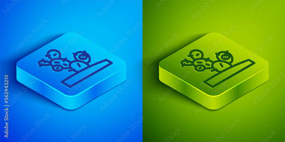 Isometric line Cactus icon isolated on blue and green background. Square button. Vector. Isometric line Cactus icon isolated on blue and green background. Square button. Vector.