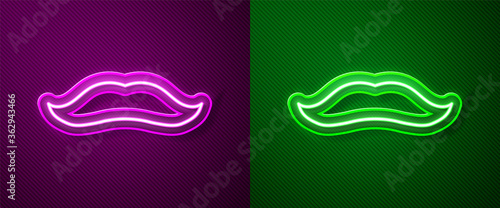 Glowing neon line Mustache icon isolated on purple and green background. Barbershop symbol. Facial hair style. Vector.