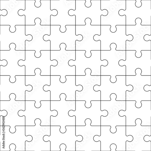 Vector seamless pattern of black outline jigsaw puzzle pieces.