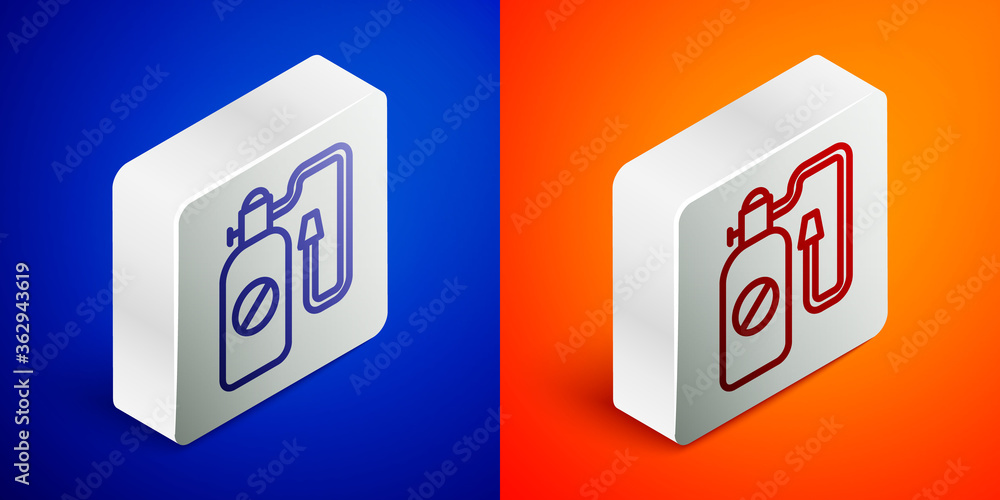Isometric line Pressure sprayer for extermination of insects icon isolated on blue and orange background. Pest control service. Disinfectant sprayer. Silver square button. Vector. Isometric line Pressure sprayer for extermination of insects icon isolated on blue and orange background. Pest control service. Disinfectant sprayer. Silver square button. Vector.