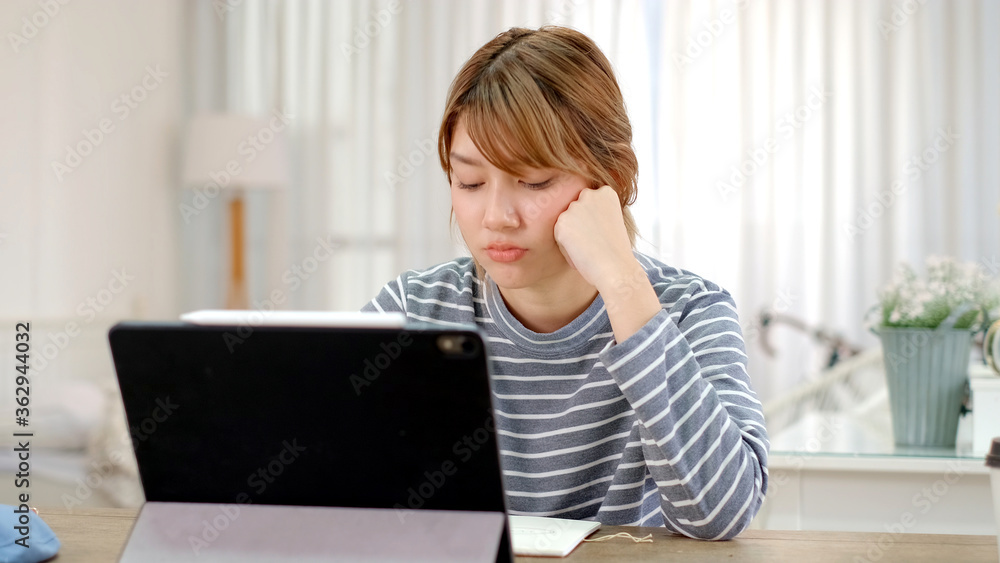 Online Video Call Conference of Work Team from Home Office.Smiling young asian woman blogger vlogger influencer sit at home speaking.online with internet teacher learn language talk .young woman make Online Video Call Conference of Work Team from Home Office.Smiling young asian woman blogger vlogger influencer sit at home speaking.online with internet teacher learn language talk .young woman make