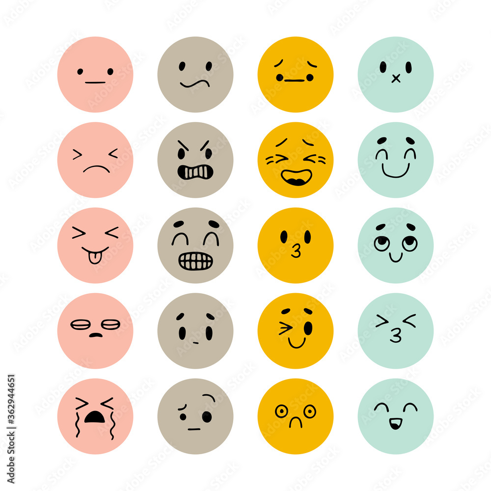 Set of hand drawn funny smiley faces. Sketched facial expressions set. Collection of cartoon emotional characters. Happy kawaii style. Emoji icons Set of hand drawn funny smiley faces. Sketched facial expressions set. Collection of cartoon emotional characters. Happy kawaii style. Emoji icons