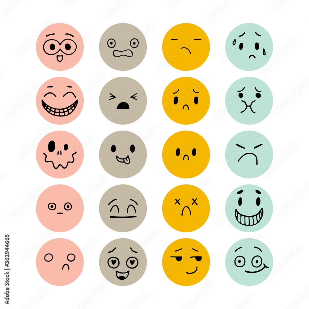Set of hand drawn funny smiley faces. Sketched facial expressions set. Emoji icons. Collection of cartoon emotional characters. Happy kawaii style Set of hand drawn funny smiley faces. Sketched facial expressions set. Emoji icons. Collection of cartoon emotional characters. Happy kawaii style