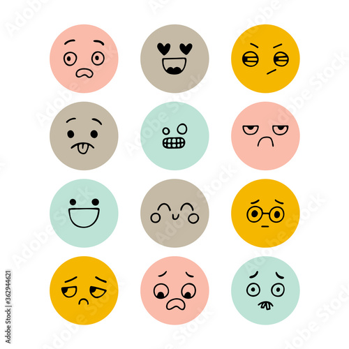 Set of hand drawn funny smiley faces. Kawaii style. Sketched facial expressions set. Emoji icons. Collection of cartoon emotional characters
