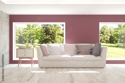 White stylish minimalist room with sofa and summer landscape in window. Scandinavian interior design. 3D illustration © AntonSh
