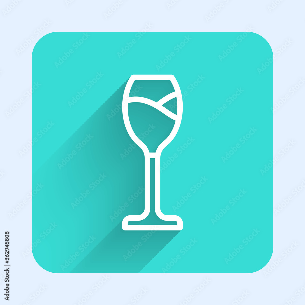 White line Wine glass icon isolated with long shadow. Wineglass icon. Goblet symbol. Glassware sign. Happy Easter. Green square button. Vector. White line Wine glass icon isolated with long shadow. Wineglass icon. Goblet symbol. Glassware sign. Happy Easter. Green square button. Vector.