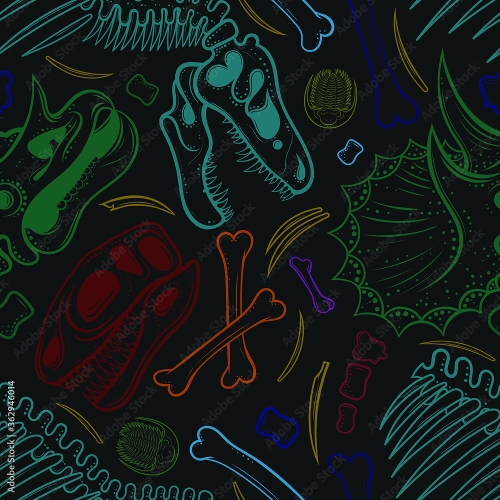 Vector Color Dinosaur Bones Seamless Pattern
