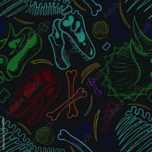 Vector Color Dinosaur Bones Seamless Pattern