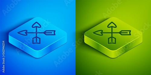 Fototapeta Naklejka Na Ścianę i Meble -  Isometric line Crossed arrows icon isolated on blue and green background. Square button. Vector.