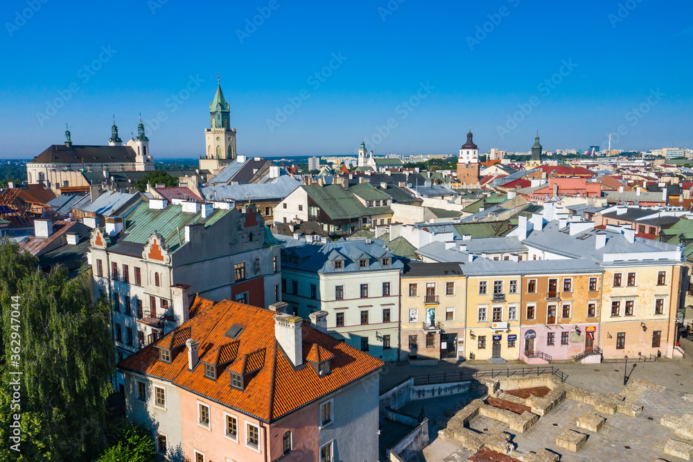 Lublin. Poland. Aerial view of old town. Touristic city center of Lublin bird's eye view. Popular tourist destinations from above.