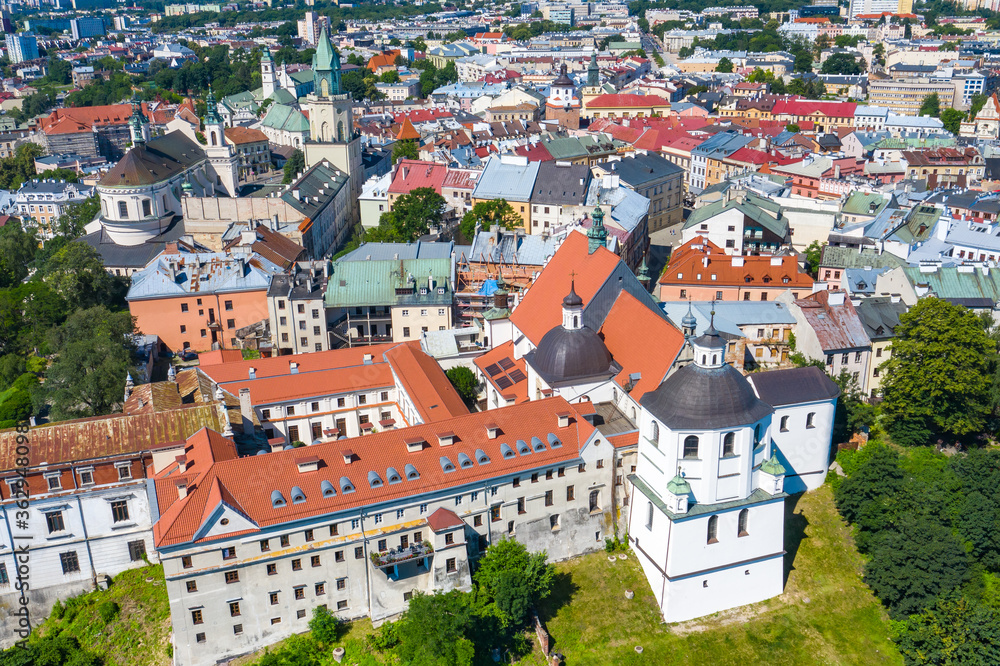 Lublin. Poland. Aerial view of old town. Touristic city center of Lublin bird's eye view. Popular tourist destinations from above.