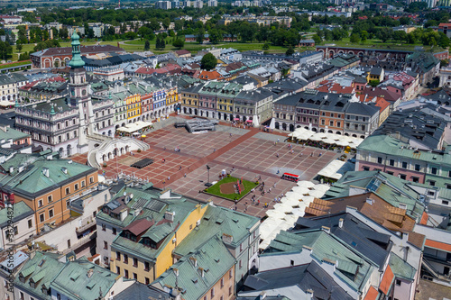 Zamosc, Poland. Aerial view of old town and city main square with town hall. Bird's eye view of the old city. UNESCO World Heritage Sites in Poland. Lublin Voivodeship. Zamosc, Poland, Europe. © Curioso.Photography