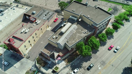 Drone aerial of the 3rd precinct police department in Minneapolis damaged and vandalized in June 2020 amid Black Lives Matter protests