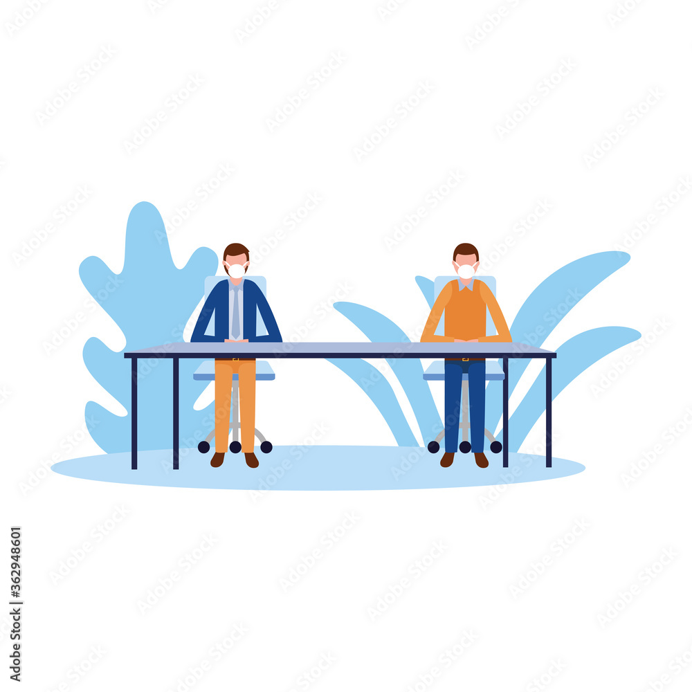 Men with masks on table vector design